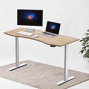 Hi5 Ez Electric Height Adjustable Standing Desk with Ergonomic Contoured Tabletop (59"x 31.50") and Dual Motor Lift System for Home Office Workstation (White Frame, Oak Top)