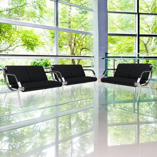 Kinbor Black PU Leather 6-Seat Waiting Room Bench - Office Guest Lobby Chair