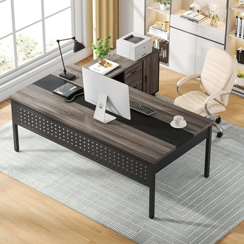 Tribesigns Executive Office Desk and Lateral File Cabinet Combo, L-Shaped Business Furniture, Grey & Black