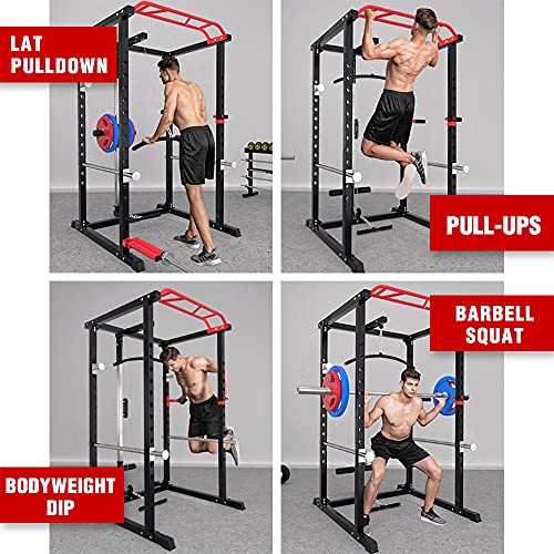 ER KANG Olympic Power Cage, 1000 lbs Light Commercial Weight Cage with LAT Pull-Down Pulley System, 360 Degree Landmine, Dip Bars and Other Attachments