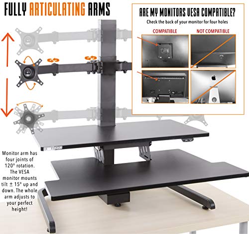 Stand Steady Techtonic Electric 2 Arm Monitor Mount Standing Desk | Large Spacious Stand Up Desk | Easy Sit to Stand with The Push of a Button - Quiet! | 3 Levels to Maximize Your Space!