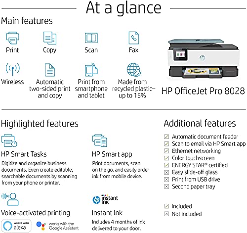 HP OfficeJet Pro 8000 Series All-in-One Printer, for Home Office- Print Copy Scan Fax- Duplex Print, Voice-Activated, 35-Page ADF, WiFi and Cloud-Based Wireless Printing Bundle + USB Printer Cord