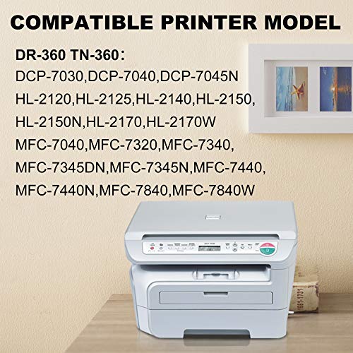Compatible DR-360 DR360 Drum Unit & TN-360 TN360 Toner Cartridge Replacement for Brother DCP-7030 7040 7045N,HL-2120 2125 2150 2150N, MFC-7040 7345N 7440 7440N Printer Toner (Black,Total 5-Pack)