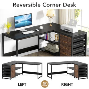 Tribesigns L-Shaped Computer Desk with Storage Drawers, Shelves - 59" Black