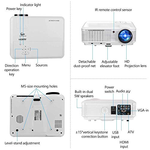 Video Projector 1080P Home Theater, 2019 Upgraded 4600 Lumen LED Wxga Outdoor Movie Projectors Daylight Multimedia Proyector with HDMI USB RCA VGA AV Zoom Speakers for Game Console Laptop PC DVD TV