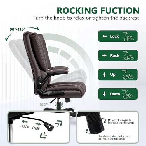 Guessky Executive Leather Office Chair with Lumbar Support & Rocking Function - Coffee