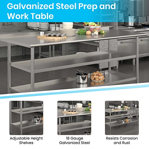 Flash Furniture Stainless Steel Work Table with Backsplash and Undershelves - 72"W x 30"D x 34.5"H, NSF