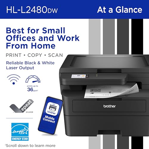 Brother HL-L2480DW Wireless Monochrome Laser Printer | Copy, Scan, Duplex, Mobile | Black & White | Refresh Subscription Trial | Amazon Dash Replenishment Ready