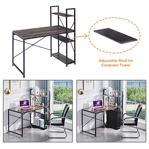 【US Stock】 Computer Desk with Storage Shelves, Home Office Desk PC Workstation, Reversible Study Writing Table with Adjustable Bookshelf, Modern Simple Style, Easy Assembly (Light Brown)
