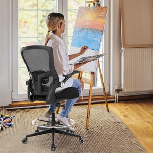 HOMIFYCO Tall Drafting Chair with Flip-up Armrests, Footrest, and Lumbar Support - Black