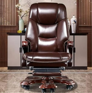 Kinnls Fully Reclining Massage Office Chair, Genuine Leather, Adjustable Back, Retractable Footrest (Coffee)