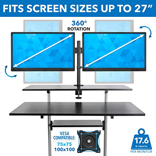 Mount-It! Mobile Standing Desk with Dual Monitor Mount - 40" Wide Height Adjustable Rolling Workstation