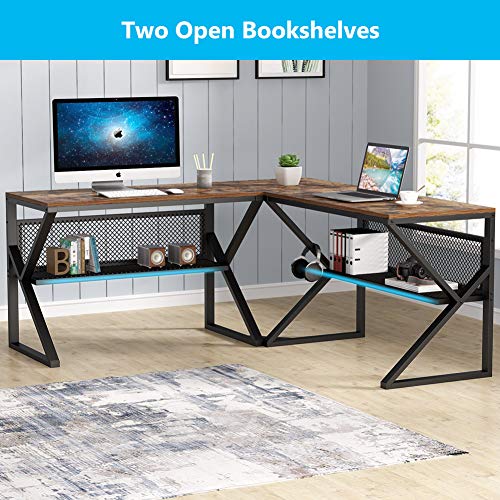 Tribesigns 3 Piece K-Frame L-Shaped Desk with Bookshelf, Corner Computer Office Desk PC Laptop Gaming Table Workstation with Open Storage Shelves for Home Office, Rustic Brown