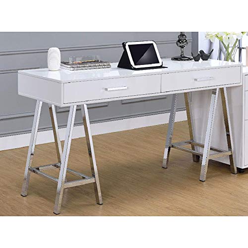 Knocbel Home Office Writing Desk Workstation Laptop Table with 2 Drawers & Metal Base, High Gloss Finish, 54" L x 22" W x 32" H (High Gloss White and Chrome)