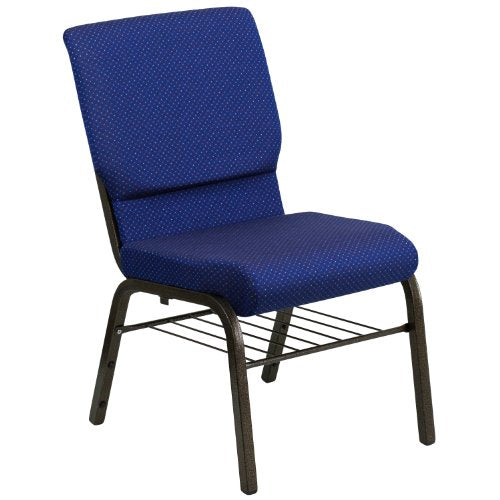 Flash Furniture Church Chair 4 Pack in Navy Blue Patterned Fabric with Book Rack - Gold Vein Frame