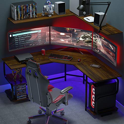 Teraves Reversible L Shaped Desk with Shelves Round Corner Computer Desk Gaming Table Workstation for Home Office