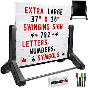 Excello Global Products Swinging Changable Message Sidewalk Sign: 37" x 36" Sign with 792 Pre-Cut Double Sided Letters and Storage Box. Includes Black Sign Board & 4 Liquid Chalkboard & Letter Board