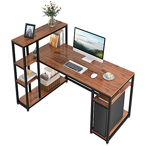 YITAHOME Computer Desk with 7 Storage Shelves, Writing Table Workstation with Bookshelf Hutch, L-Shape Study Work Desk with 55 inch Desktop for Home Office, Teak