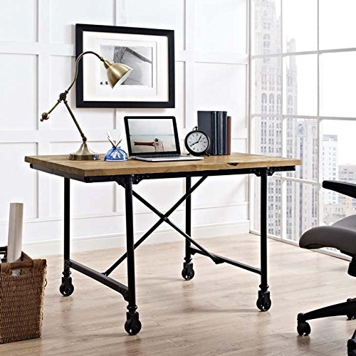 Modway Raise Industrial Farmhouse Pine Wood and Steel Industrial Office Desk In Brown