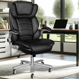 Sucrever Black Executive Office Chair with Flip-up Arms, Big and Tall 400lbs Capacity, High Back Leather, Lumbar Support, Adjustable Heavy Duty Computer Desk Chair