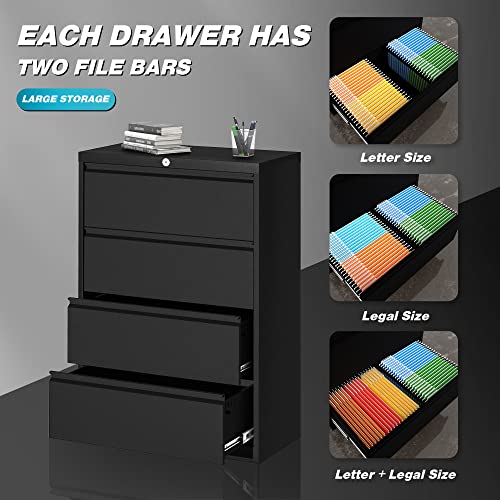 GangMei Metal 4 Drawer Lateral File Cabinet with Lock, Legal Size Steel Filing Cabinet (Black)