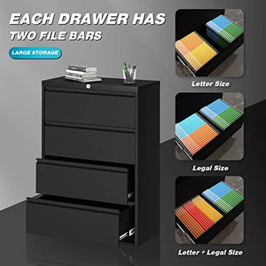 Aobabo Metal Lateral File Cabinet with Lock, Large Drawer, 35.43" Wide, Black, 4 Drawer