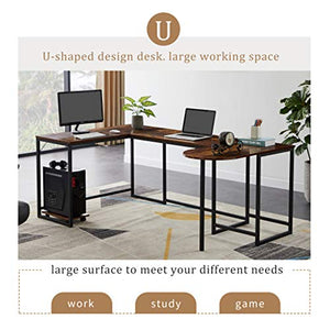 Home Office Computer Desk U-Shaped Computer Desk, Industrial Corner Writing Desk with CPU Stand, Gaming Table Workstation Desk for Home Office