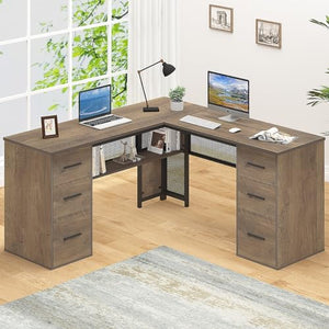 HSH Rustic L-Shaped Home Office Desk with Drawers - 59 Inch
