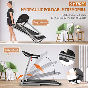 SYTIRY Treadmill with Large 10" Touchscreen and WiFi Connection, YouTube, Facebook and More, 3.25hp Folding Treadmill, Cardio Fitness Running Machine for Walking and Jogging