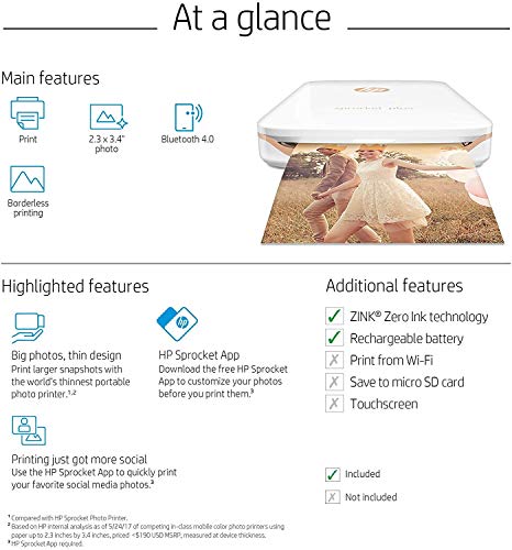 HP Sprocket Plus Instant Photo Printer, Print 30% Larger Photos on 2.3x3.4 Sticky-Backed Paper – White (2FR85A)