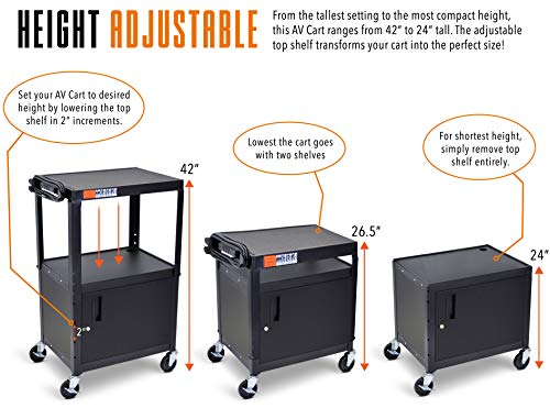 Stand Steady Line Leader AV Cart with Locking Cabinet - Black Metal Utility Cart with Storage Shelf