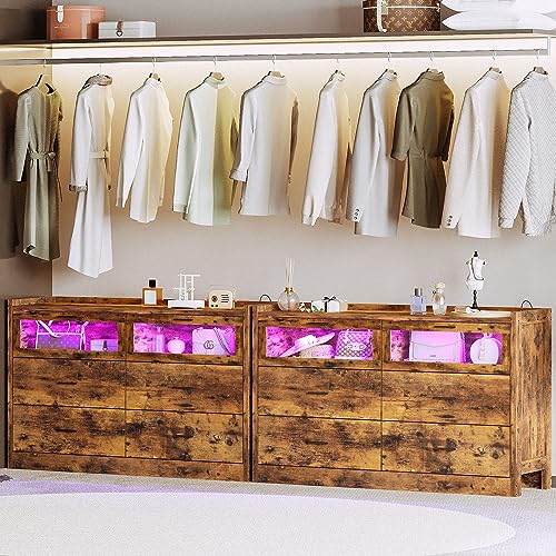 LIKIMIO 47" 6 Drawer Glass Dresser with LED, Power Strip, and Storage Cabinet - Rustic Brown