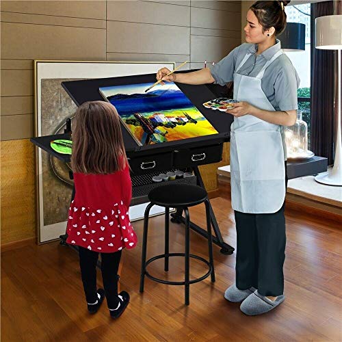 DXXWANG Art Craft Table Adjustable Drafting Drawing Table Writing Desk Tiltable w/Stool (Color : Black)