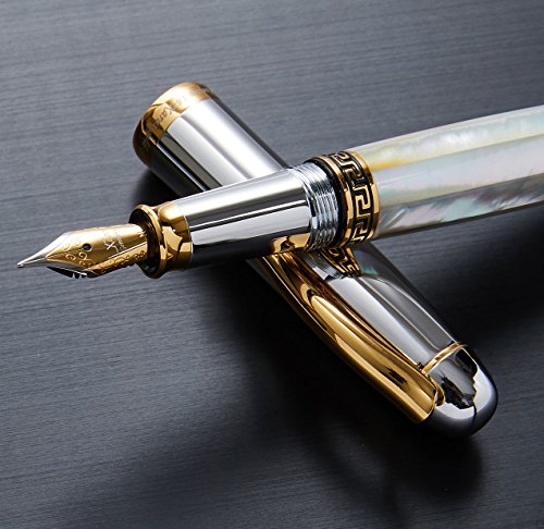 Xezo Maestro Mother of Pearl, Platinum and 18K Gold Finish Medium Point Handcrafted Serialized Fountain Pen. No Two Alike