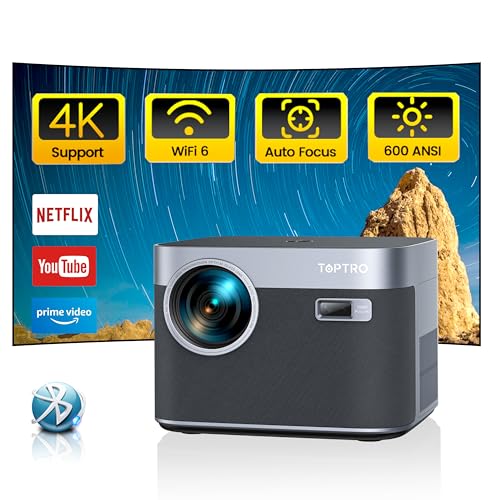 TOPTRO X7 Android TV Projector with Auto Focus/Keystone, WiFi, Bluetooth, 4K Supported - 600 ANSI, Dust-proof, 50% Zoom, Outdoor - Netflix/YouTube Built-in, 8000+ Apps