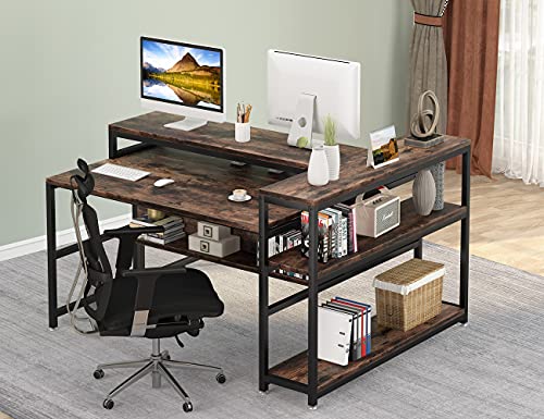 Tribesigns Two Person Desk Double Workstation with Bookshelf,47 x 59 Extra Large Face to Face 2 Person Computer Desk with Monitor Stand Shelf & Storage Shelves, Office Study Table,Rustic & Black