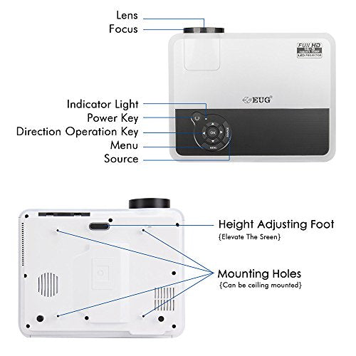 EUG LCD LED Multimedia HD Video Projector 4600 Lumens 1280x800 1080P Digital Movie Gaming Projector HDMI USB TV AV VGA Audio for Laptop PC Smartphone DVD PS4 Xbox Wii Home Theater Outdoor Party