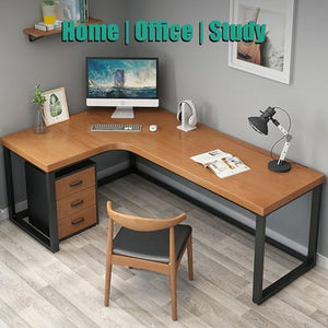 None L-Shaped Computer Desk with Office Chair, Pine Wood Table Board (Right, 140x120x75cm)