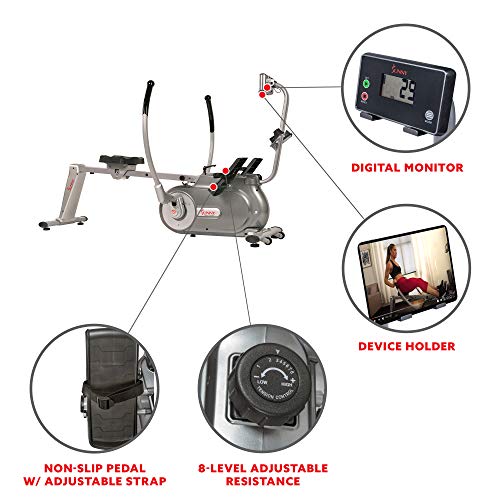 Sunny Health & Fitness Full Motion Magnetic Rowing Machine Rower with Advanced LCD Display, Elevated Seat, 265 LB Max Weight and Foldable - SF-RW5864,Gray