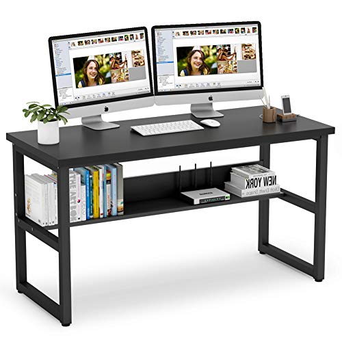 Tribesigns 55 Inches Computer Desk with Bookshelf Works as Office Desk Study Table Workstation for Home Office (55‘’, All Black)