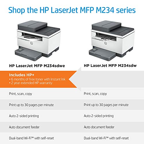 HP LaserJet MFP M234sdwe Wireless Black & White Printer with bonus 6 free months Instant Ink with HP+ (6GX01E)