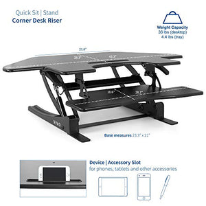 VIVO Black Corner Height Adjustable 43 inch Cubicle Standing Desk Converter, Quick Sit to Stand Tabletop Dual Monitor Riser, DESK-V000VC