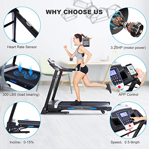 ANCHEER Folding Treadmill with Automatic Incline, 3.25HP, 300 lbs Weight Capacity, App Control, Electric Running Treadmills for Home with Large LCD Screen, Bluetooth Speakers
