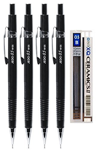 eMicro Jedo 1000 Mechanical Pencil M105 Bundle with Lead Refills, 0.5mm, Black (4-Pack)