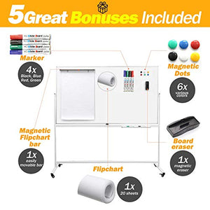 Letusto Double-Sided Magnetic Mobile Whiteboard (72 x 40 Inches) - Easily Portable Board Made of Aluminum Frame and Stand with 5 Great Bonus Accessories Included