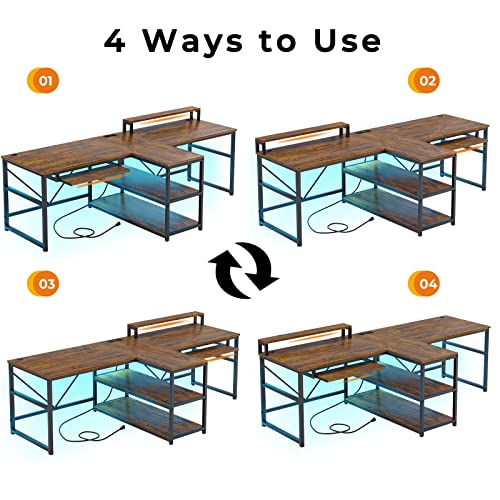 SEDETA 94.5" Home Office Gaming Desk with Storage, LED Lights, Power Strip, Keyboard Tray & Monitor Stand, Rustic Brown
