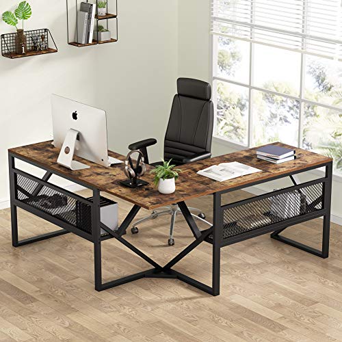 Tribesigns 3 Piece K-Frame L-Shaped Desk with Bookshelf, Corner Computer Office Desk PC Laptop Gaming Table Workstation with Open Storage Shelves for Home Office, Rustic Brown