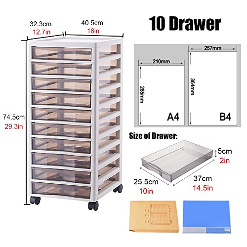 WAHHWF Office Storage Cart 10-Drawer White Plastic Rolling Nightstand