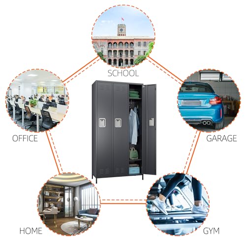 SUXXAN 3 Doors Storage Locker Combination with 6 Hooks, Metal Locker for School Office Gym - W35.43*D15.7*H72 (Dark Grey)