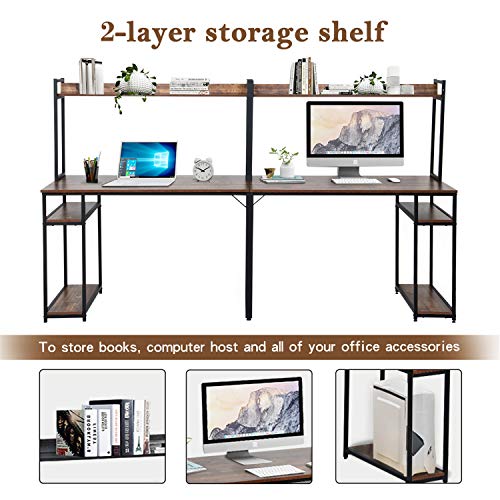 Large Home Office Desk Double Workstation Desk, Extra Long Two Person Computer Desk with Storage Shelves and Hutch,Spacious Tabletop, Multifunction Writing Study Table for Two Person (Brown)